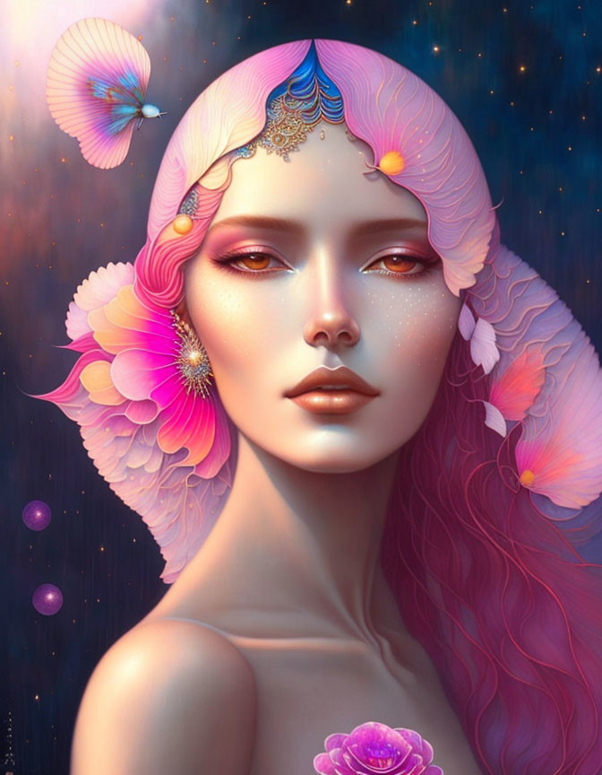 Digital artwork: Female figure with pink hair, flowers, butterflies, jewelry, cosmic backdrop