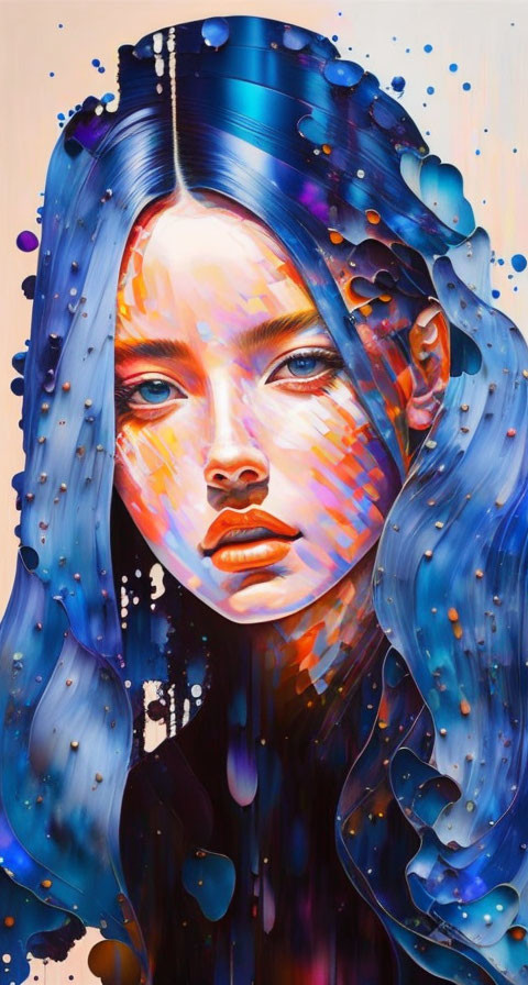 Colorful portrait of a woman with blue hair and vibrant splashes.