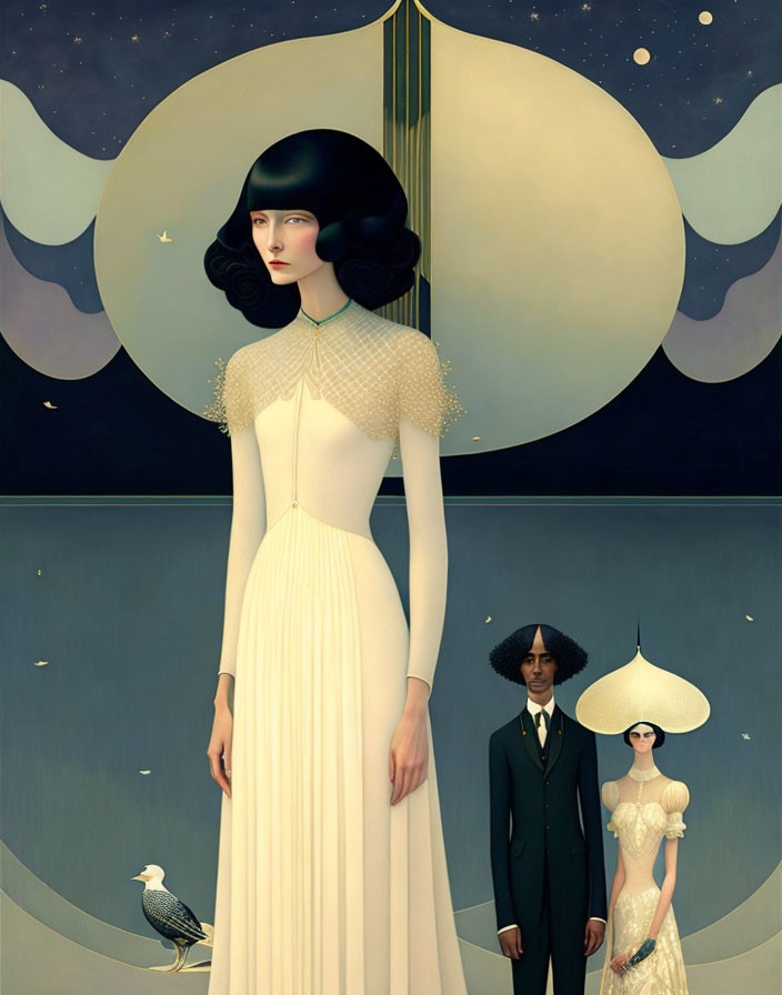 Illustrated portrait of stylized figures under surreal moon and stars