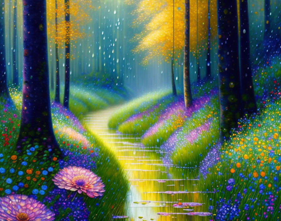 Colorful Painting: Magical Forest Path with Glowing Trees