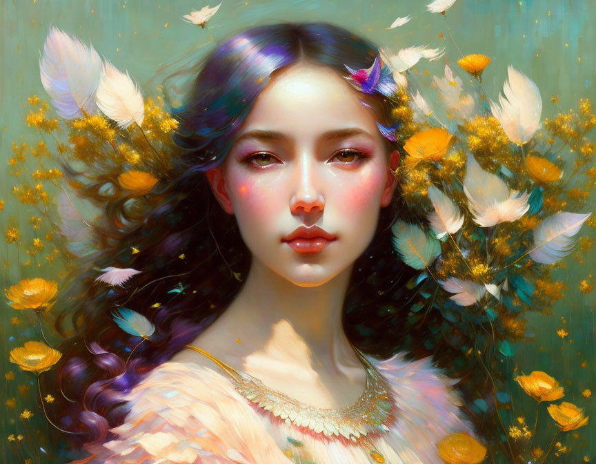 Ethereal woman portrait with golden butterflies and blooming flowers