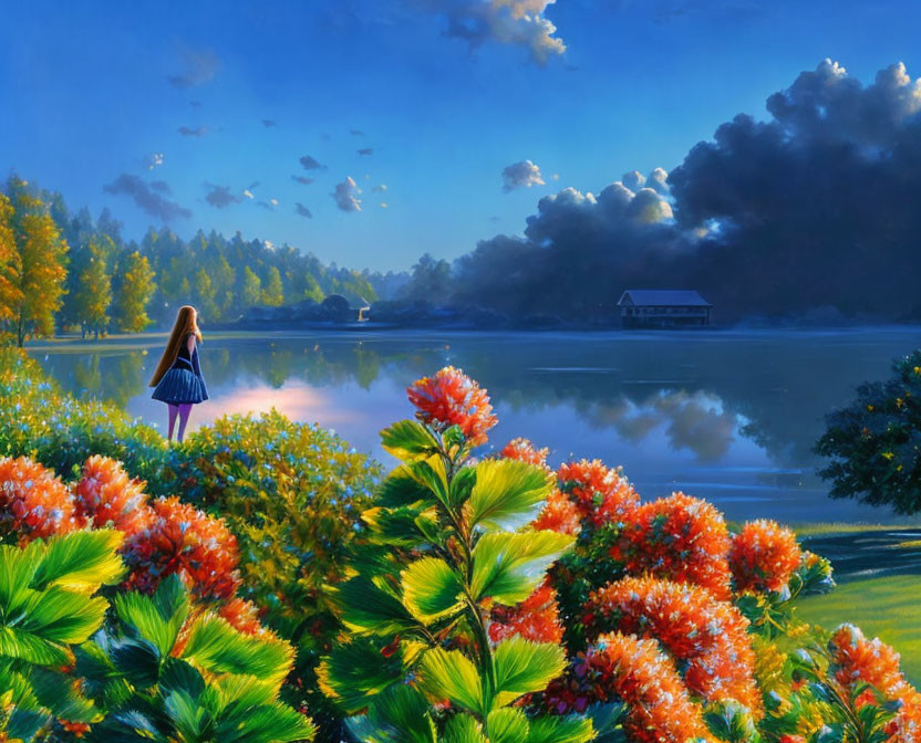 Tranquil landscape: girl by lake, lush vegetation, colorful flowers