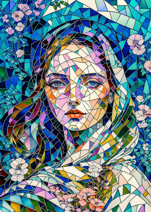 Colorful Stained Glass Woman's Face Illustration with Floral Patterns