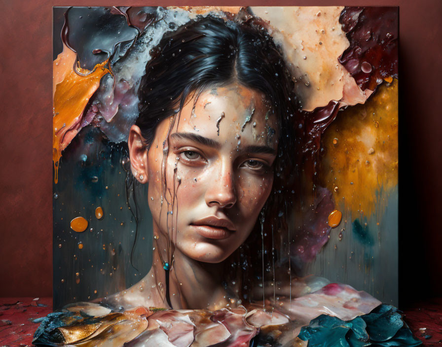 Abstract portrait of a woman with wet hair and flowing colors.