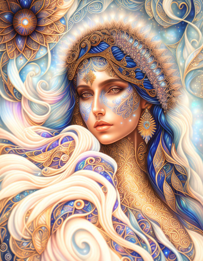 Illustration of woman with blue and gold designs, white hair, intricate jewelry, and stylized flowers