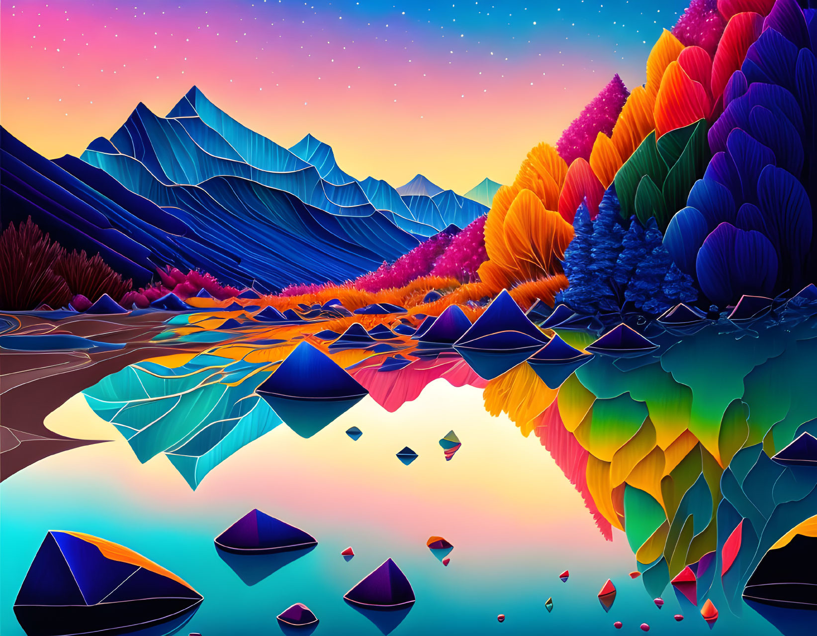 Multicolored stylized trees, reflective lake, geometric mountains under twilight sky