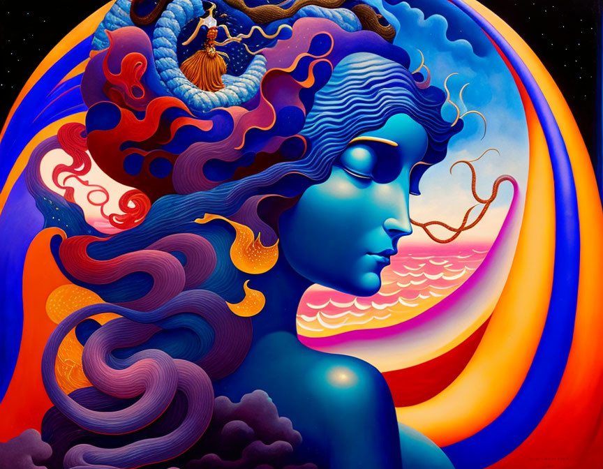 Vibrant painting of woman's profile with cosmic and oceanic elements