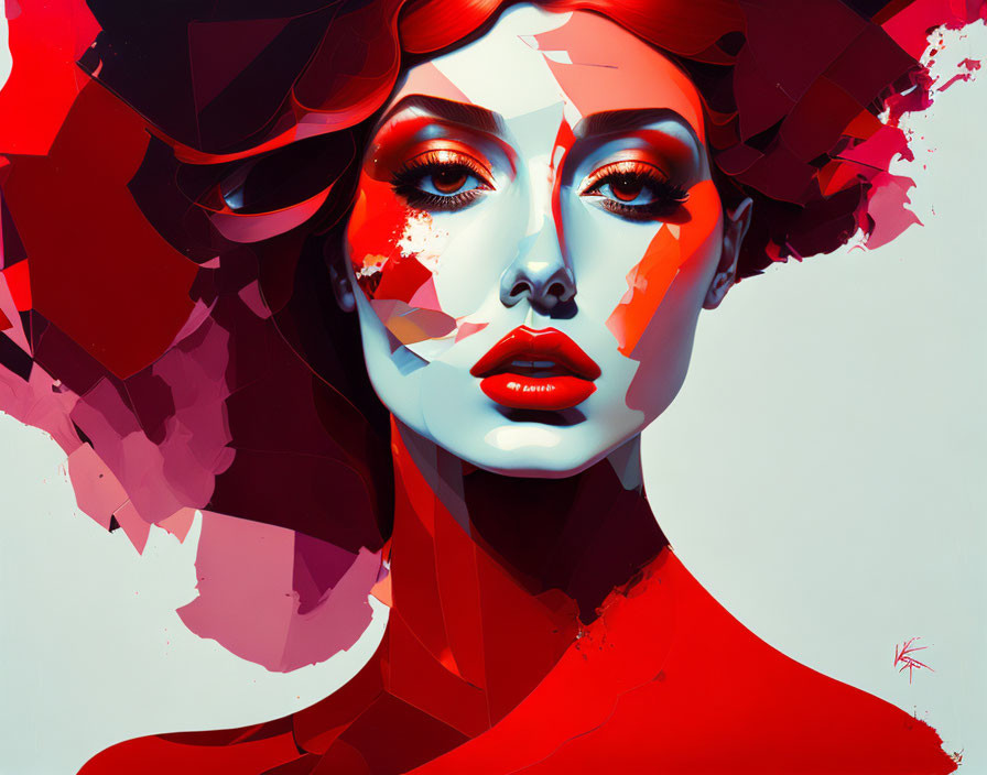 Dynamic digital portrait of a woman with red accents and geometric shapes