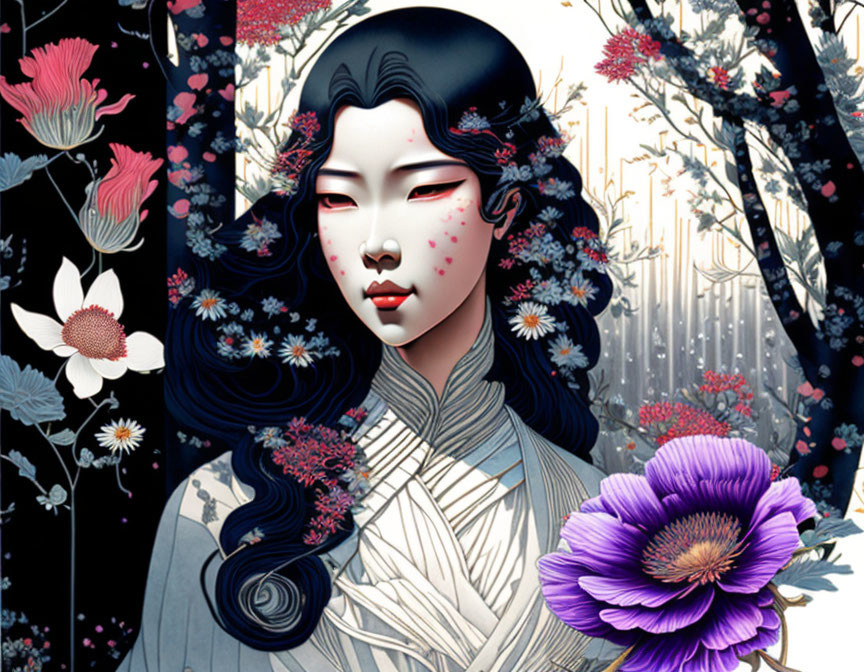 Dark-haired woman with traditional makeup in floral and forest illustration