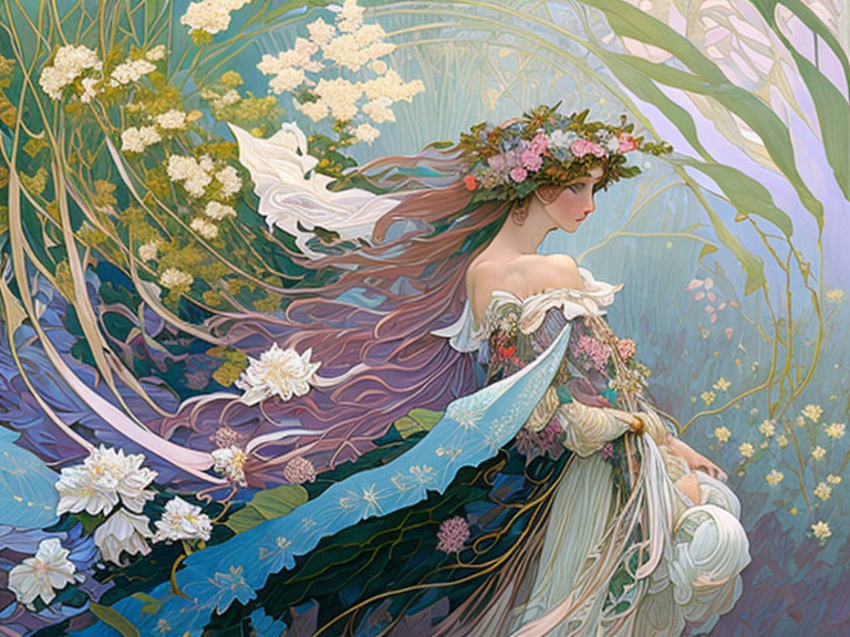 Colorful floral wreath on woman with flowing hair and gown in whimsical nature scene