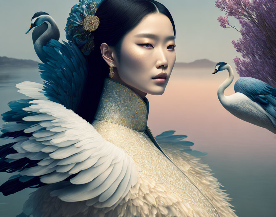 Woman with Swan-like Wings in Serene Nature Scene