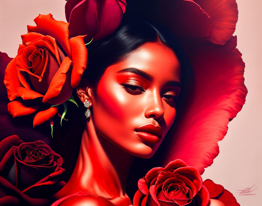 Dark-haired woman amid red roses on pink background: Elegant and romantic vibe