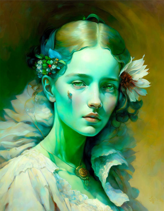 Portrait of a Woman with Ethereal Features and Flower Adornments