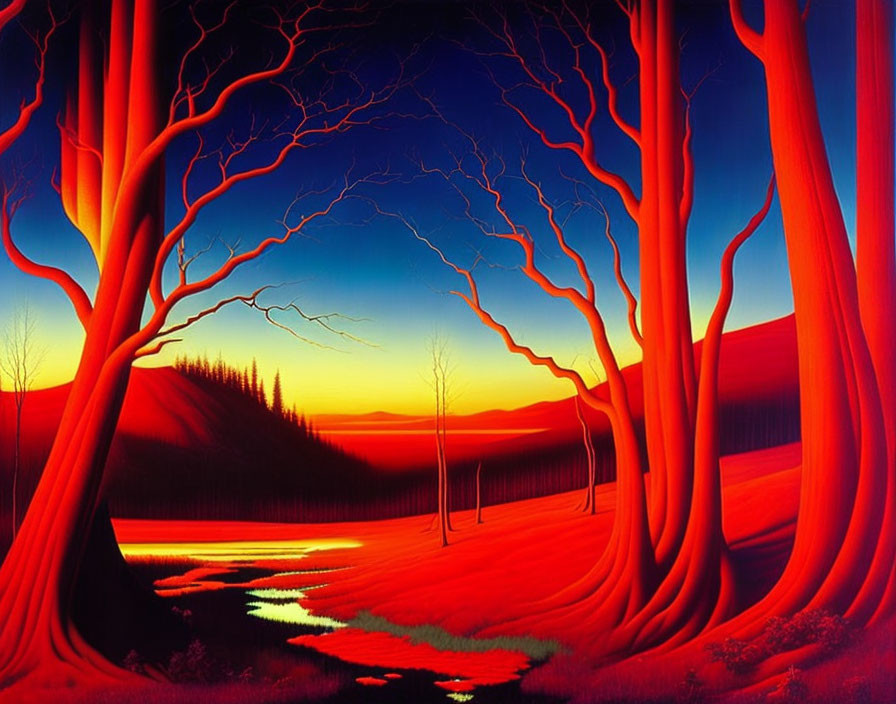 Surreal red forest painting with twisted trees and crimson river