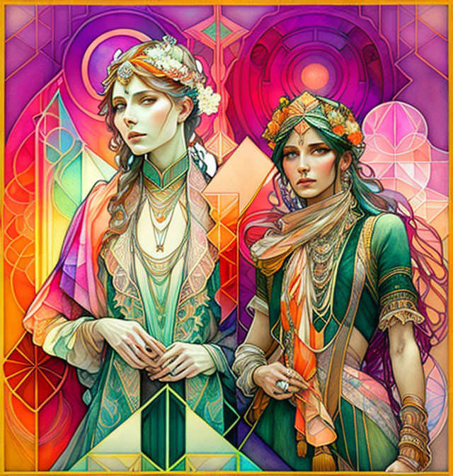 Stylized illustration of twin female figures in vibrant colors