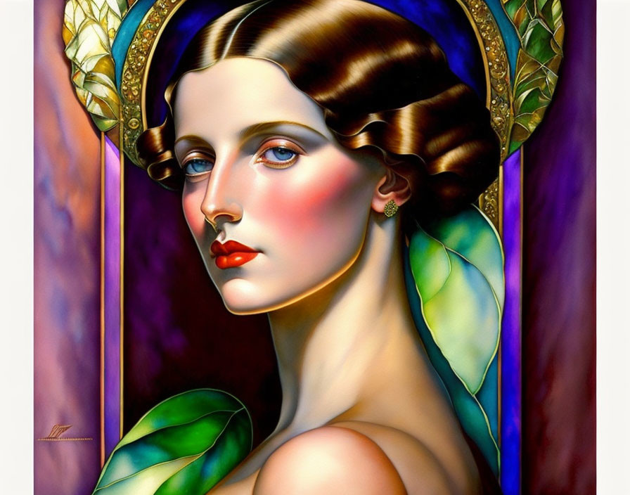 Colorful Art Nouveau woman portrait with stylized features and golden leaf frame