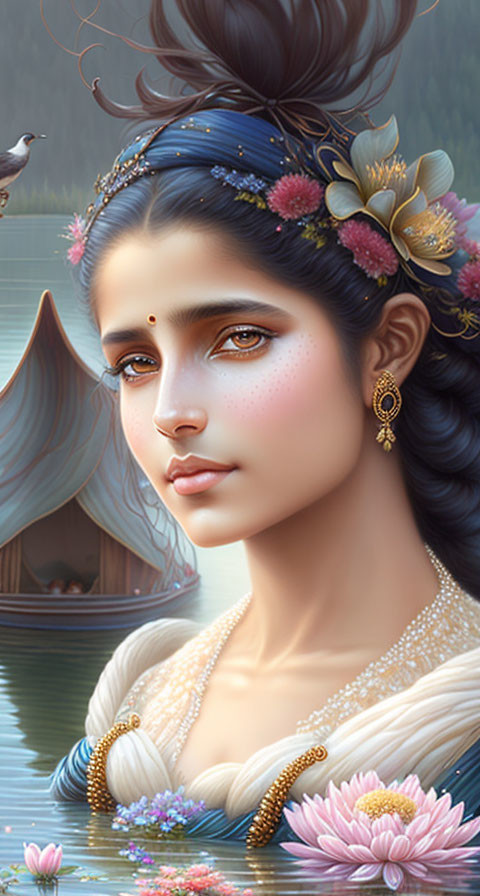 Digital painting of serene woman with traditional jewelry by calm lake.