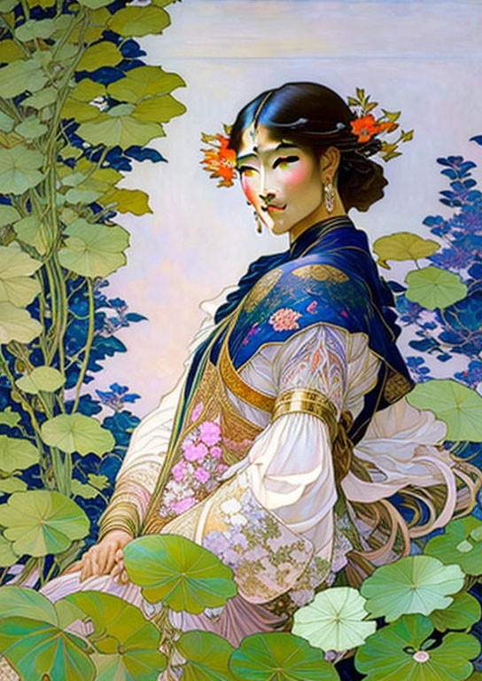 Traditional Attire Woman Amidst Lotus Leaves Illustration