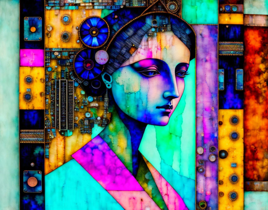 Colorful digital art: Woman with mechanical features in circuitry background