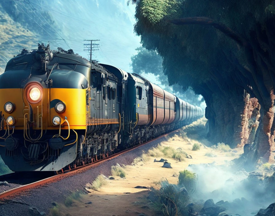 Vintage Yellow and Black Train Locomotive on Railway Track in Scenic Landscape