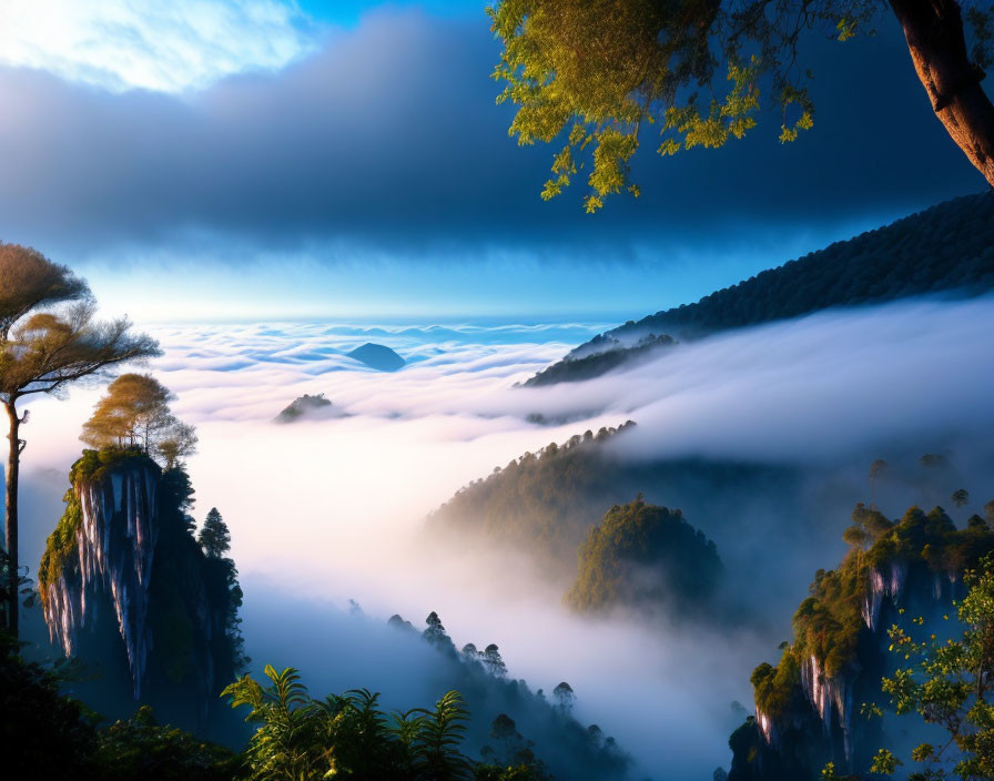 Majestic mountains above clouds, bathed in sunlight