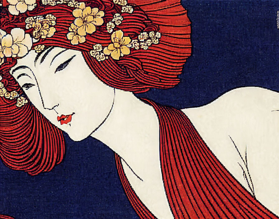 Pale-skinned woman in red draped garment with floral headpiece - Art Nouveau style