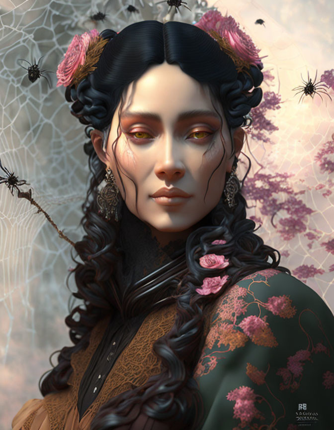 Digital artwork: Woman with stylized hair, intricate makeup, and dark floral dress in cobweb setting