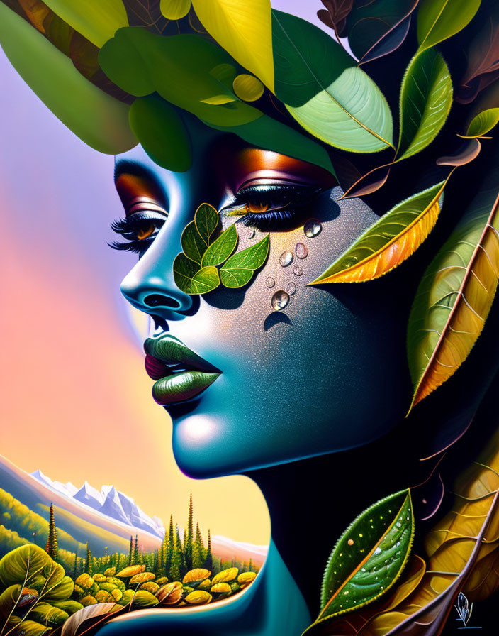 Woman's face merges with nature elements in vibrant portrait