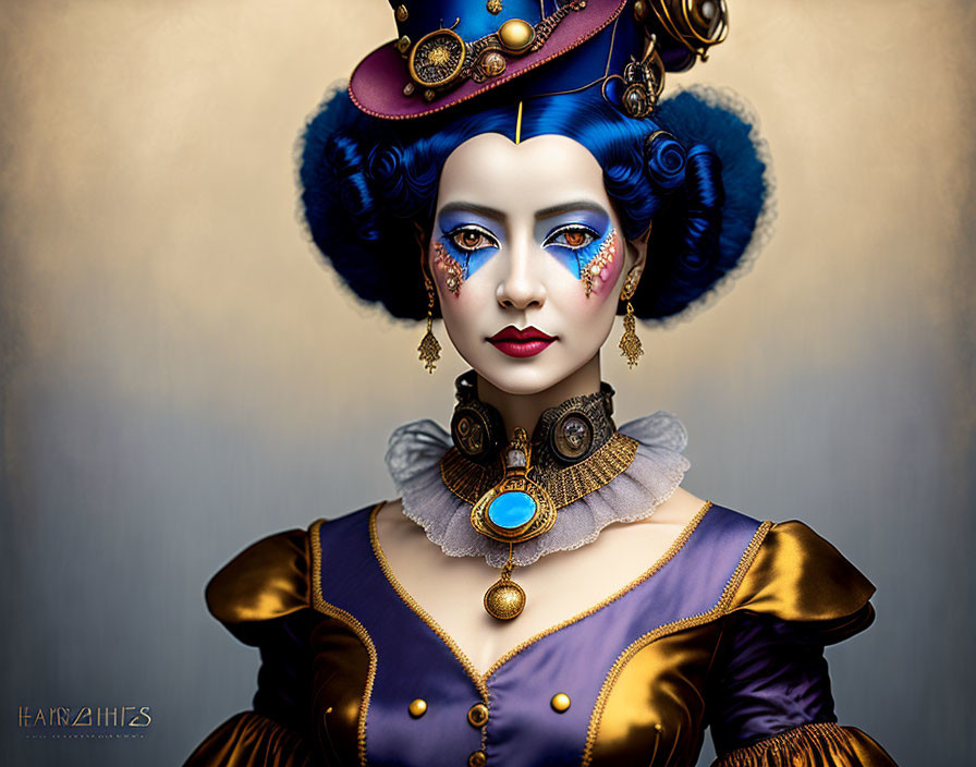 Blue-skinned woman in Victorian attire with butterfly-inspired makeup