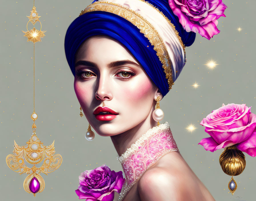 Detailed illustration of woman in blue turban with gold and pearl accents, statement earrings, surrounded by roses