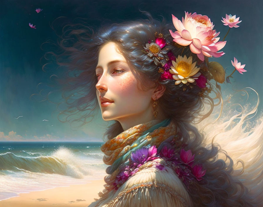 Woman with Flowers in Hair Gazing at Ocean