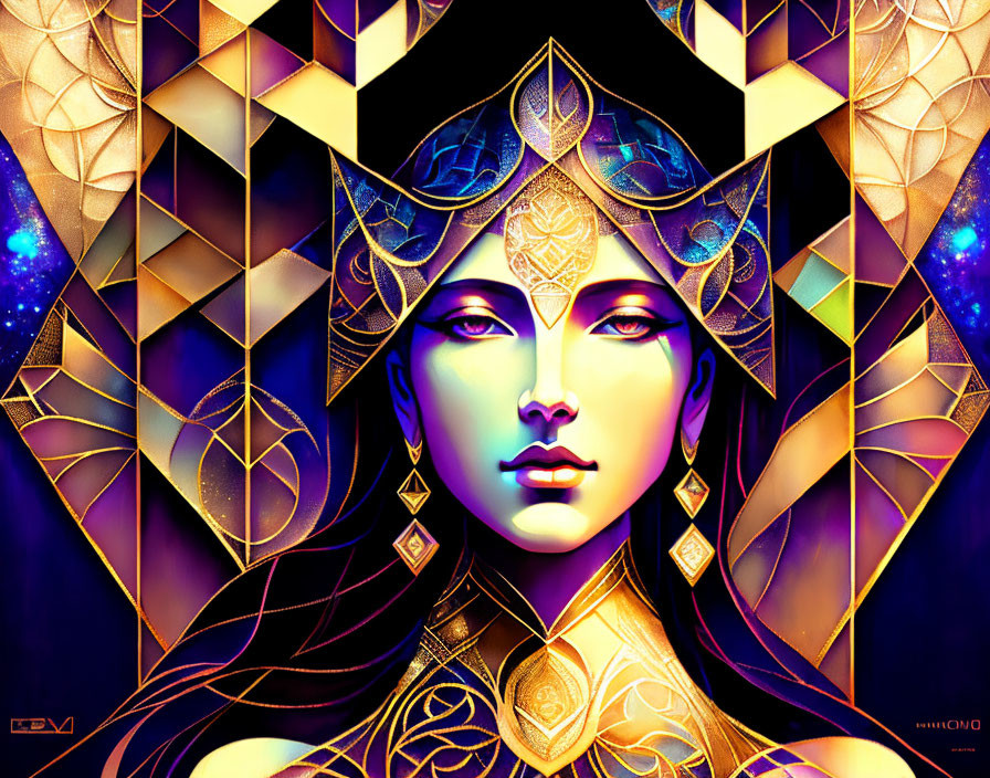 Regal figure with gold and purple crown on geometric background