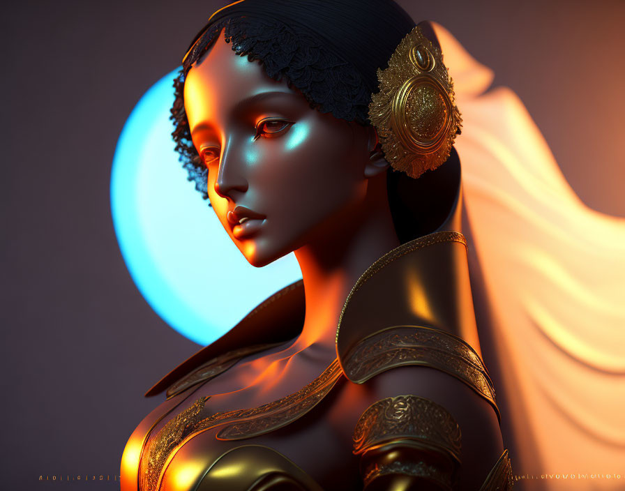 Female figure digital artwork: metallic gold accents, white cloth, warm background, blue circle