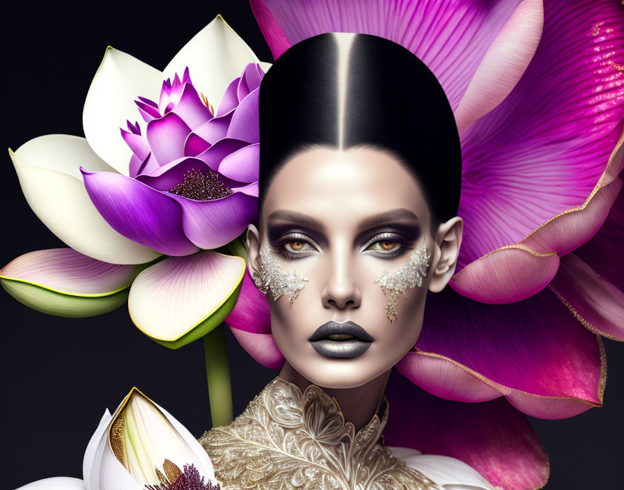 Stylized portrait of woman with dramatic makeup and vivid lotus flowers on dark background