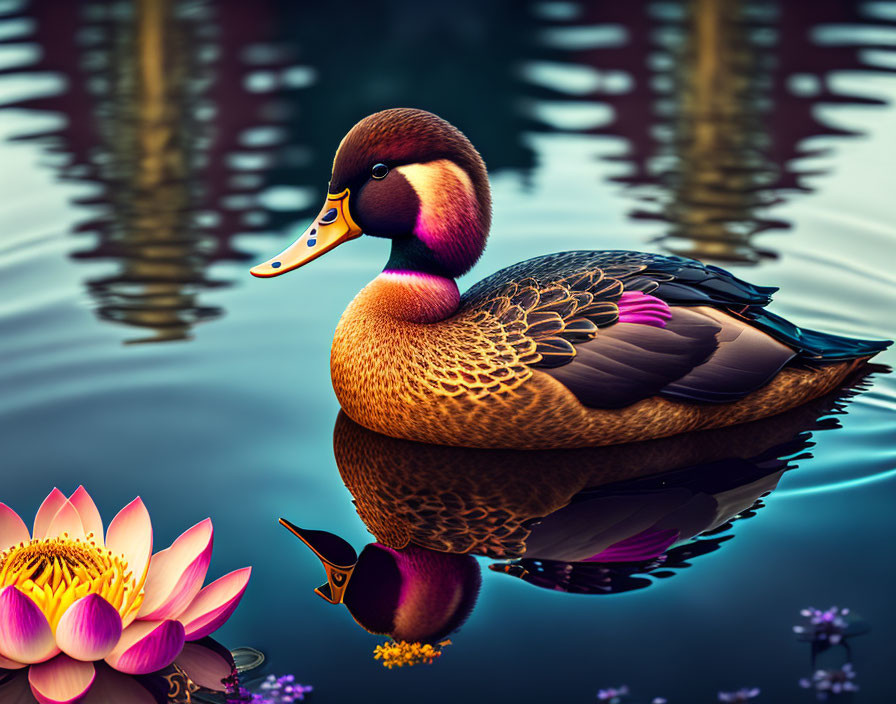 Vibrant duck and pink water lily on serene pond