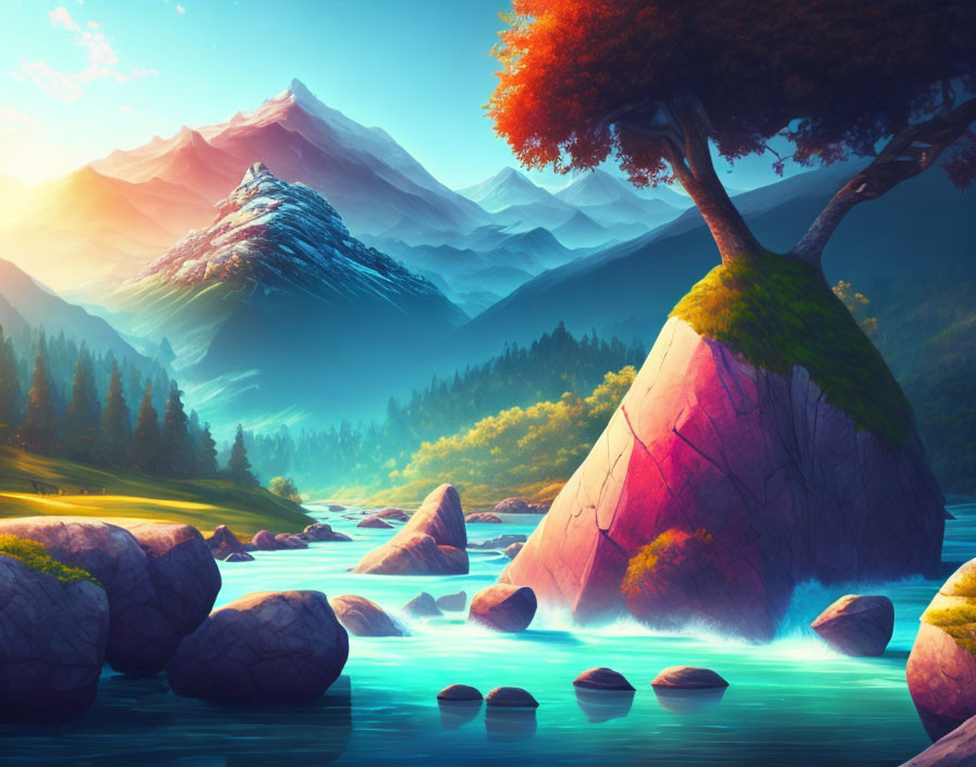 Colorful Digital Landscape with River, Trees, and Mountains