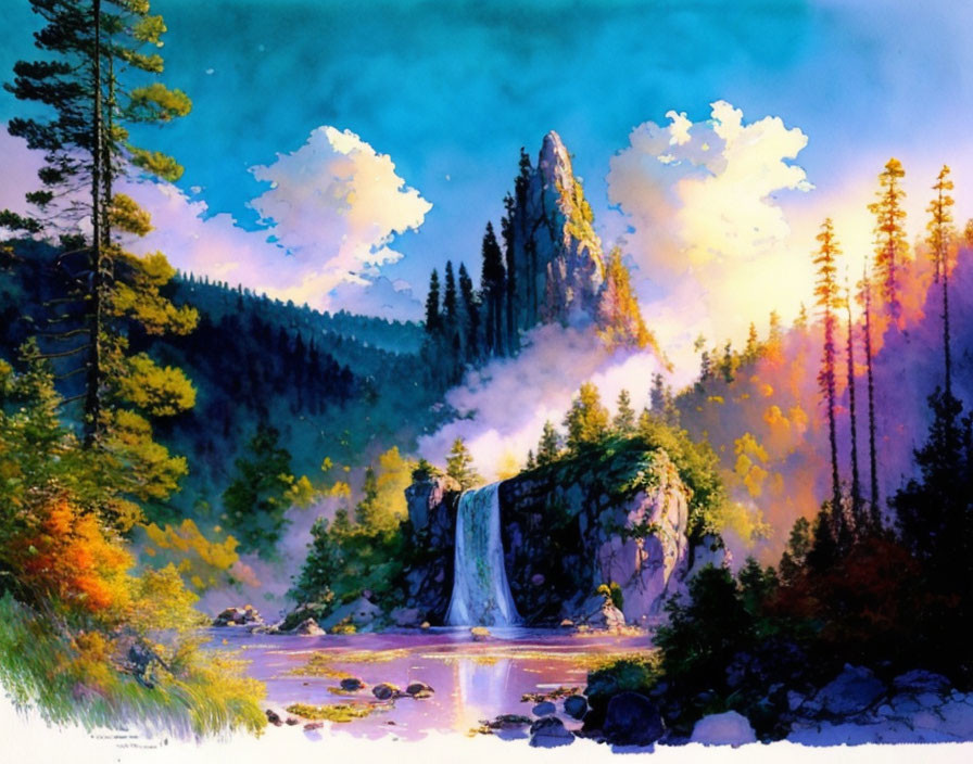 Serene forest scene with waterfall, reflecting pool, pine trees, and colorful foliage