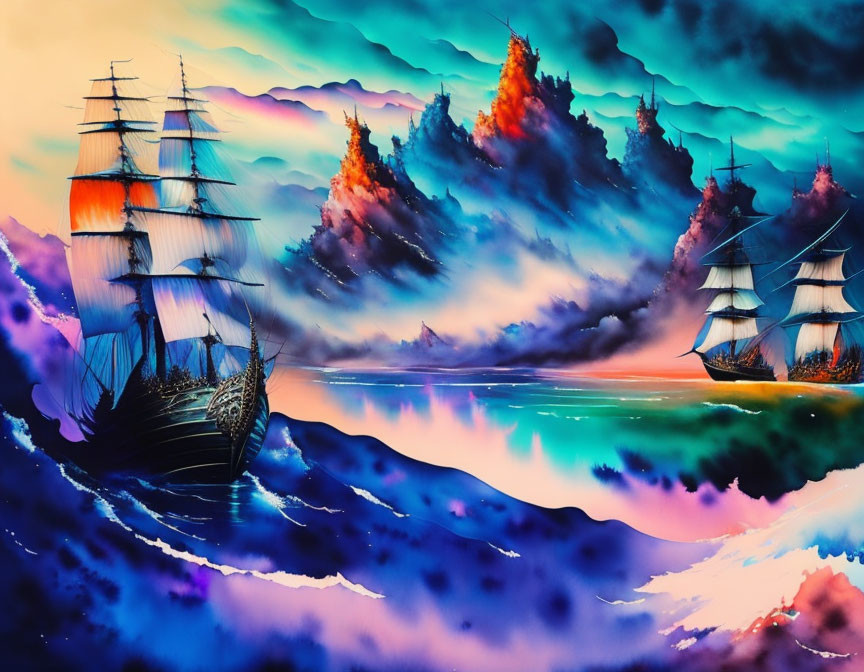 Colorful surreal seascape with sailboats and fiery clouds.