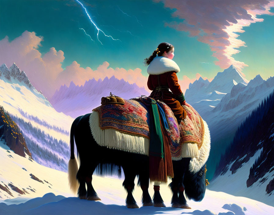 Figure in Red Cloak on Furry Creature in Snowy Mountain with Lightning Sky