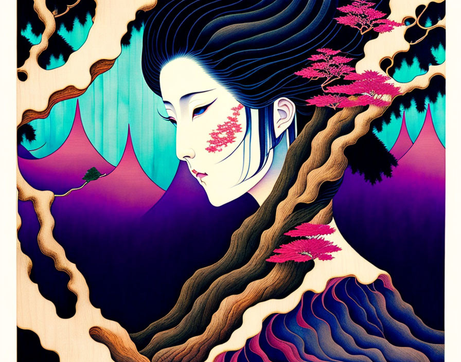 Colorful illustration of woman with flowing hair and nature elements