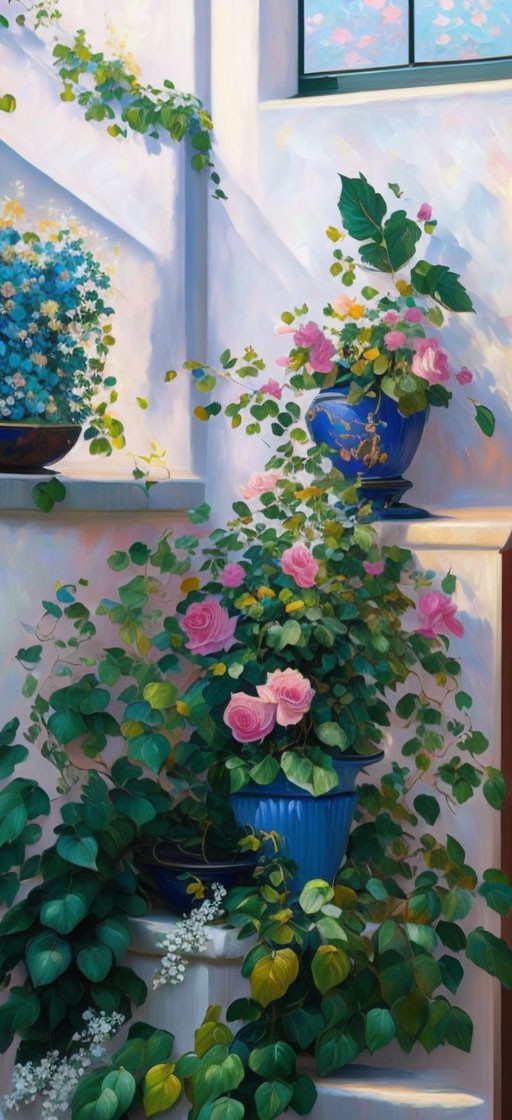 Colorful painting of sunny windowsill with pink roses and green plants under blue skies