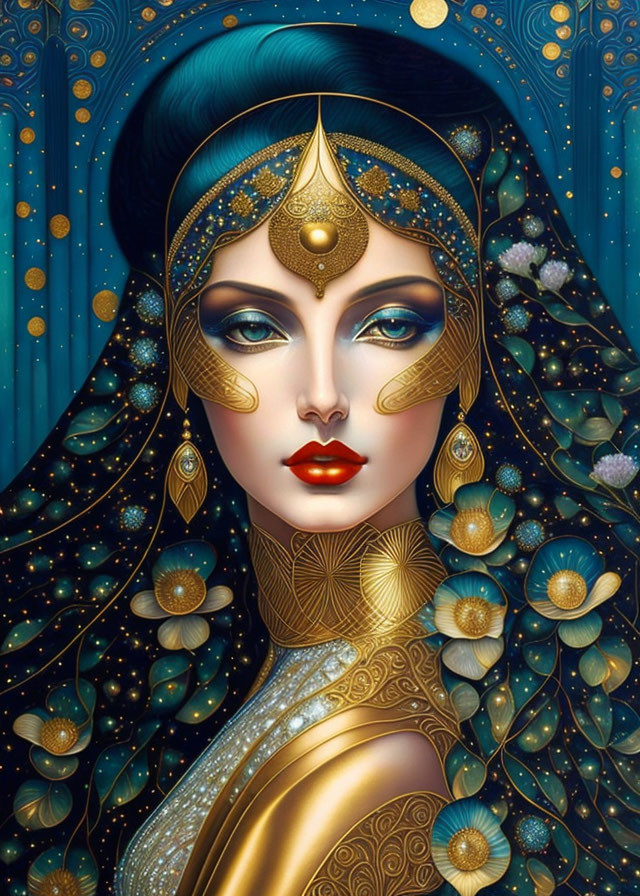 Illustrated Woman with Gold Jewelry and Blue Headpiece