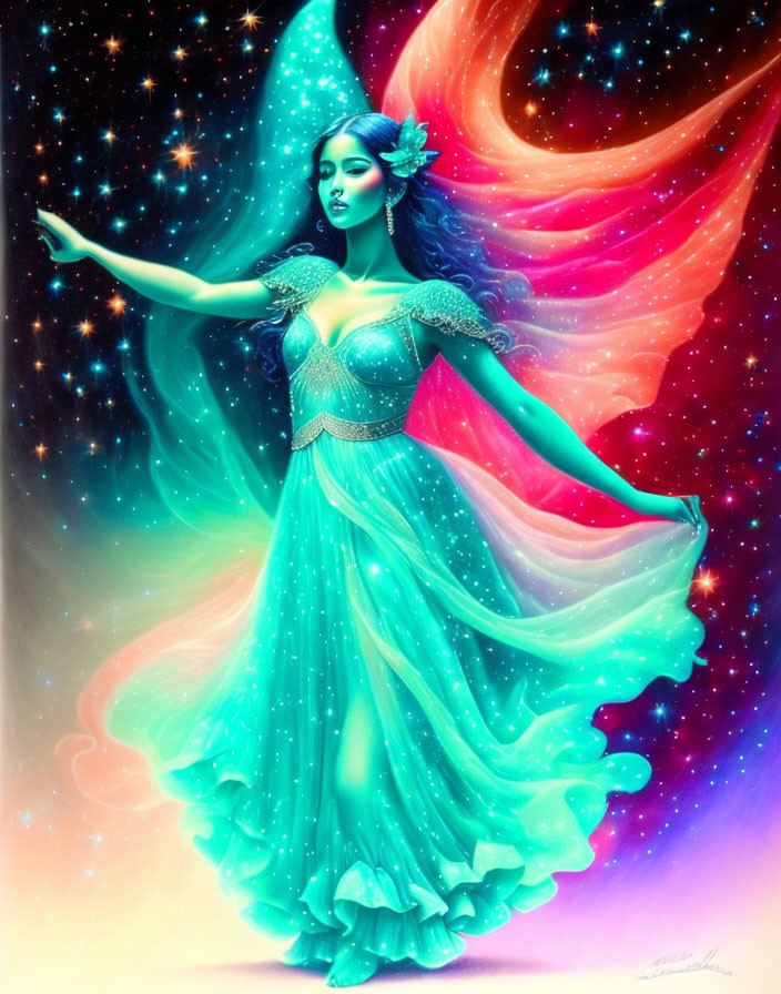 Vibrant digital artwork: Woman with turquoise hair, cosmic colors.