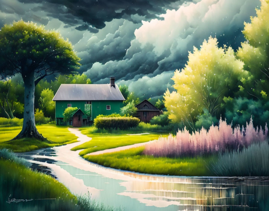 Tranquil landscape with green house, winding path, lush trees, river, storm clouds