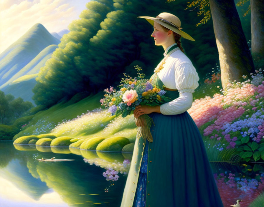 Tranquil painting of a woman by a river with mountains