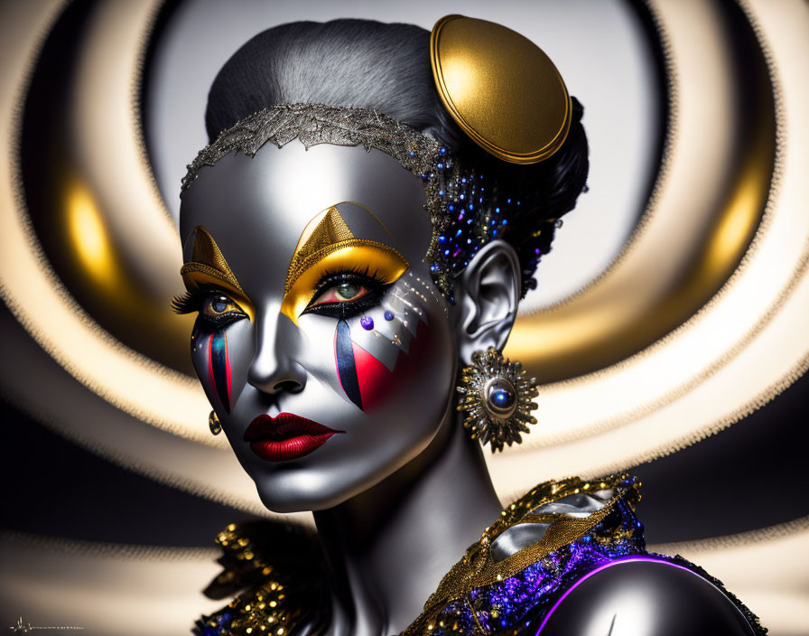 Model with Theatrical Makeup and Decorated Headpiece in Golden Background