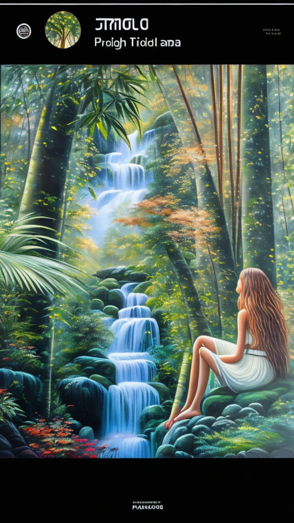 Woman sitting by lush forest cascade under sunlight