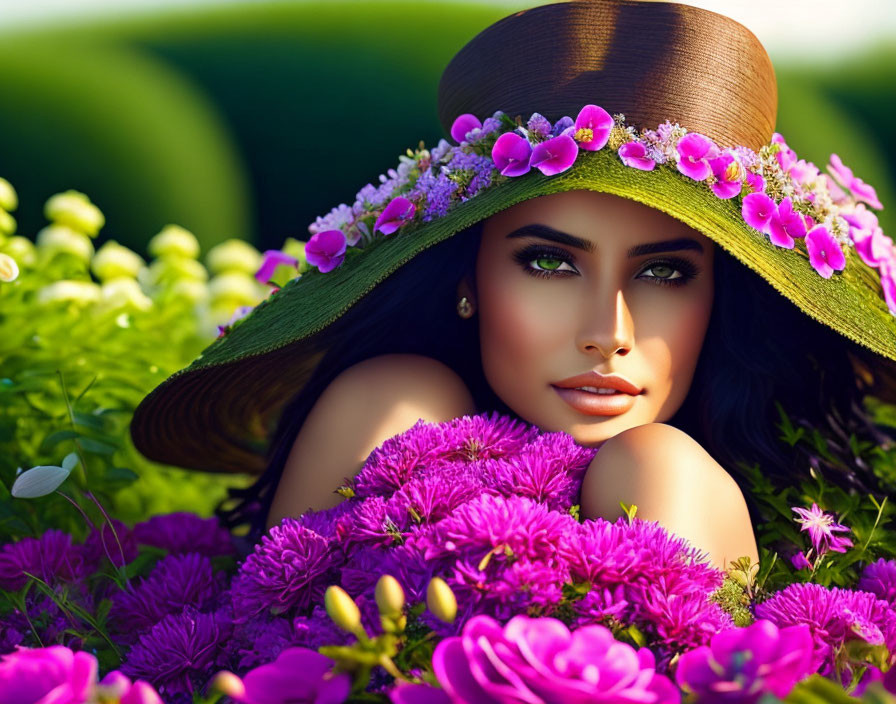 Woman with Green Eyes in Flower Hat Amidst Pink Blossoms