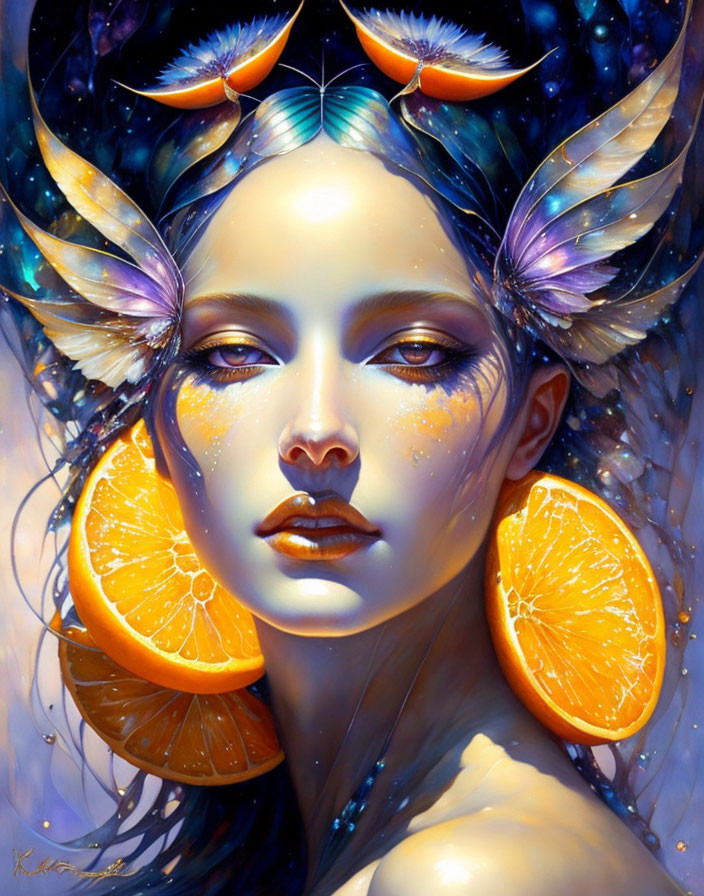 Fantasy portrait of woman with orange slice earrings and butterfly wings in hair