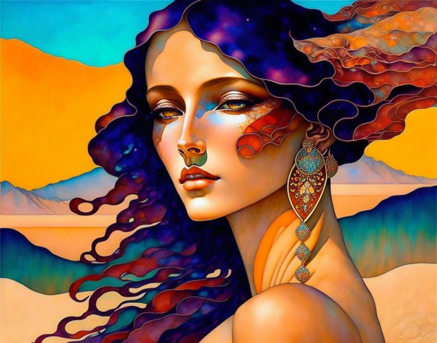 Colorful artwork depicting a woman with multicolored hair and desert scenery